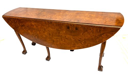 CHIPPENDALE STYLE BURLED YEW WOOD DROP LEAF TABLE, H 31" L 72" D 18.5" (CLOSED) OPENS TO 53" WIDE 