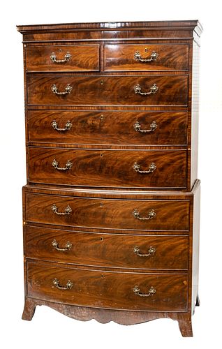 ENGLISH MAHOGANY CHEST ON CHEST, BOW FRONT, 18TH. C. H 72.5" W 43" D 21" 