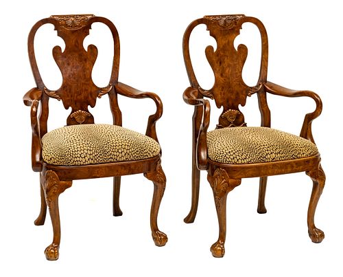 CHIPPENDALE STYLE CARVED WALNUT OPEN ARMCHAIRS, PAIR, H 39" W 23" D 23" 