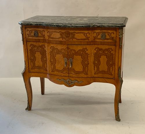 LOUIS XVI STYLE FRUITWOOD PARQUETRY & BRONZE COMMODE, H 32", W 33"