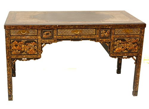JOHN WIDDICOMB CHINOISERIE LACQUERED WOOD DESK, H 32", W 54", D 26"
