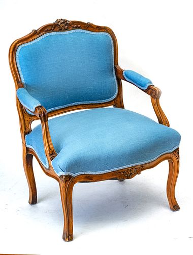 LOUIS XV STYLE CARVED WALNUT, UPHOLSTERED ARM CHAIR, C. 1940, H 34", W 25" 