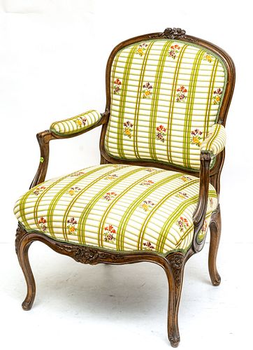 LOUIS XV STYLE CARVED WALNUT OPEN ARMCHAIR, CIRCA 1950 H 36" W 26" D 27" 