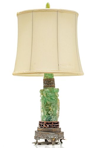 CHINESE GREEN QUARTZ LAMP, H 28", W 6"