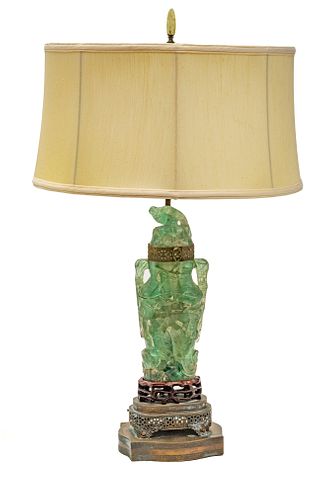 CHINESE GREEN QUARTZ LAMP, H 30", W 6.75"