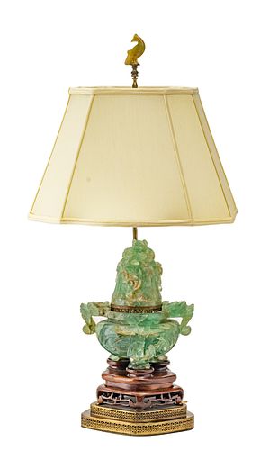 CHINESE GREEN QUARTZ LAMP, H 34", W 10.75"