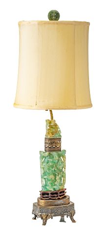 CHINESE GREEN QUARTZ LAMP, H 27", W 5"