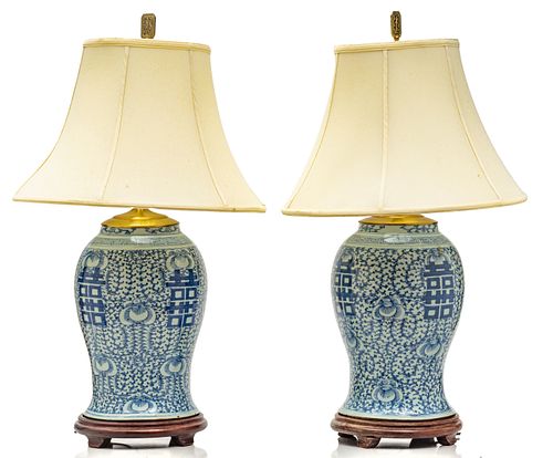 CHINESE BLUE & WHITE PORCELAIN LAMPS, PAIR, H 31.5", DIA 8.5"