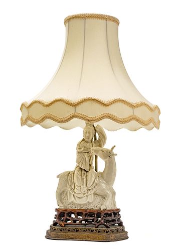 CHINESE BLANC DE CHINE PORCELAIN FIGURAL LAMP, H 27.5", W 12"