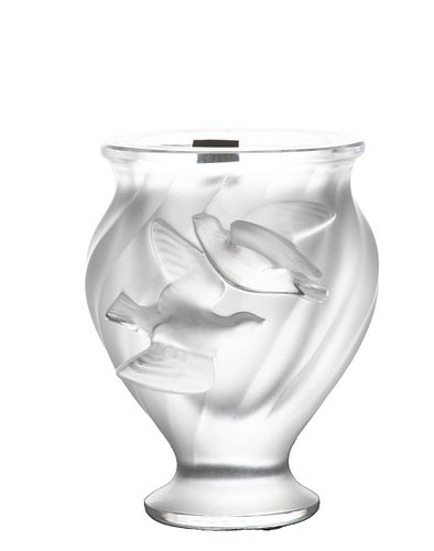 LALIQUE CO. (FRENCH), FROSTED CRYSTAL LOVE BIRD VASE, H 5", L 4"