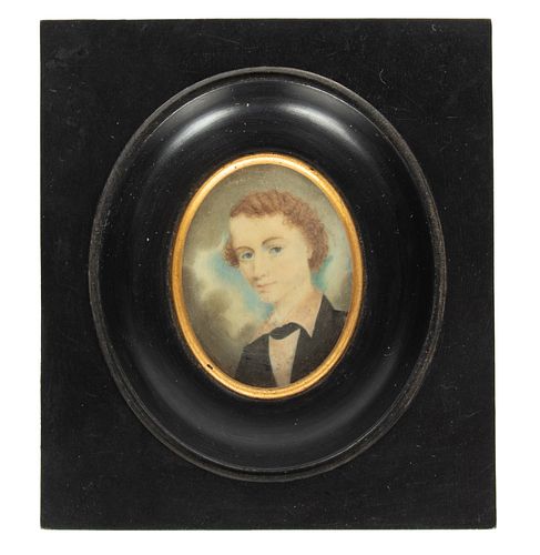 WATERCOLOR MINIATURE 19TH.C. H 1 3/4" W 1 1/4" YOUNG MAN IN BLACK WAISTCOAT 