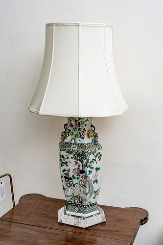 ANTIQUE CHINESE FAMILLE VERTE, HEXAGONAL PORCELAIN VASE (CONVERTED TO TABLE LAMP), MID 19TH CENTURY, H 40.5" DIA 10" 