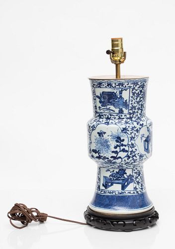 BLUE AND WHITE PORCELAIN VASE CONVERTED TO LAMP WITH WOOD BASE AND BRASS FINIAL H 31" (OVERALL) DIA 7" 