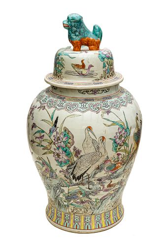 CHINESE PORCELAIN COVERED JAR H 27" DIA 15" 