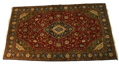PERSIAN QUM HANDWOVEN WOOL WITH SILK HIGHLIGHTS RUG, C. 1990, W 7', L 12' 
