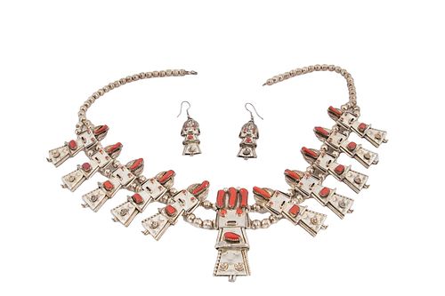 NAVAJO STERLING AND CORAL NECKLACE AND EARRINGS L 26" SIGNED FY 