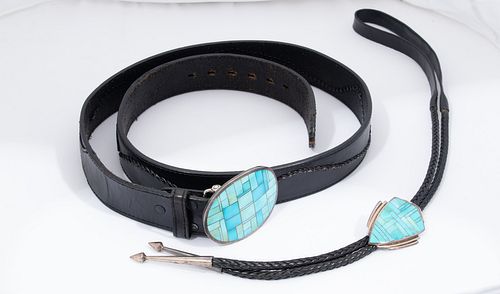 STERLING CHANNEL SET TURQUOISE BUCKLE  AND BOLO TIE 