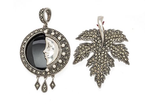 + STERLING SILVER AND MARCASITE PENDANTS, TWO H 2", 1 3/4" LEAF AND HALF MOON 