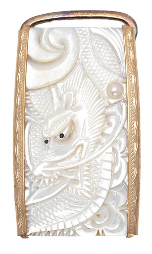 CHINESE MOTHER OF PEARL BUCKLE, W 1.5", L 2.5", T.W. 34 GR 