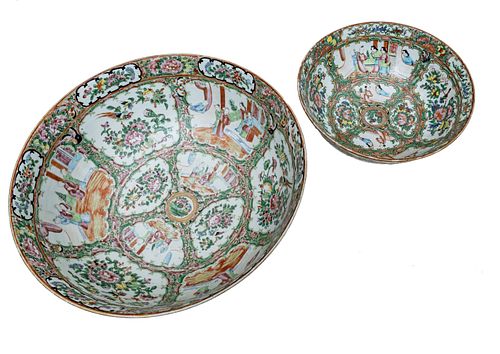 CHINESE ROSE MEDALLION PORCELAIN BOWLS, GROUP OF TWO, H 4-6" DIA 10-14" 
