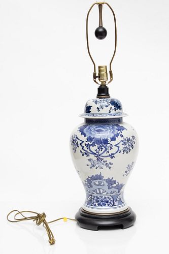 CHINESE BLUE AND WHITE GINGER JAR CONVERTED INTO LAMP H 35" DIA 9.5" 