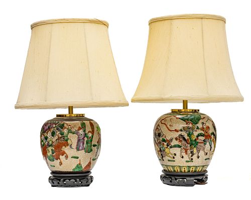CHINESE CRACKLE GLAZE GINGER JARS (CONVERTED TO TABLE LAMPS), PAIR H 18" DIA 6" 