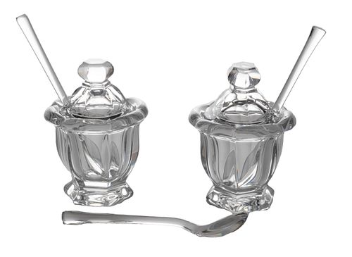 BACCARAT CRYSTAL JAM JARS WITH COVERS, SPOONS, TWO H 4 1/2" 
