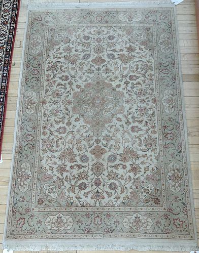 SINO-PERSIAN DESIGN HANDWOVEN WOOL WITH SILK HIGHLIGHTS RUG, C. 2000, W 3' 9", L 5' 8" 