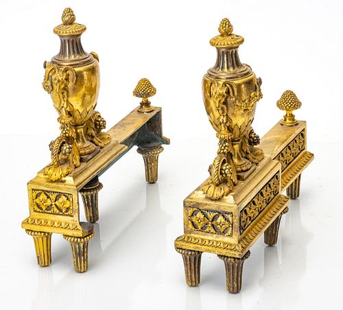 FRENCH NEOCLASSICAL DORE BRONZE ANDIRONS, 19TH C, PAIR, H 13.5", L 14"