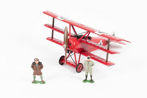 W. BRITAIN, PAINTED PEWTER AND PLASTIC 'FOKKER DR 1 WITH MANFRED & LOTHAR' FIGURES, LATE 20TH C., 3 PCS., H 2.25" (FIGURES) 