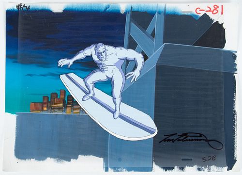 MARVEL PRODUCTIONS (AMERICAN, EST. 1993), H 5.25", W 6.25", SILVER SURFER ANIMATION CEL AND HANDPAINTED PRODUCTION BACKGROUND 
