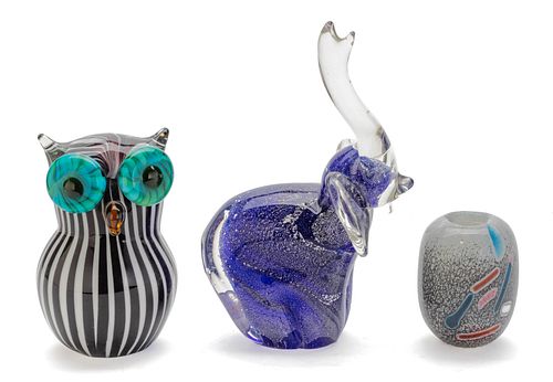 GLASS ELEPHANT, OWL AND BOTTLE THREE PIECES H 8", 5", 3" 