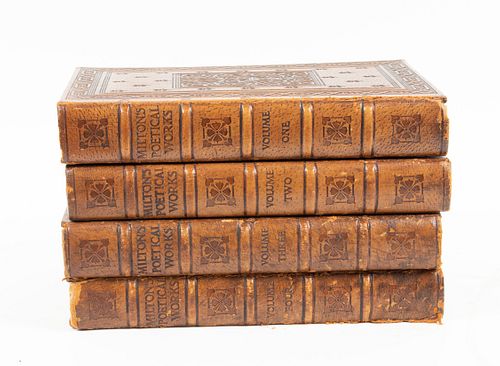 THE POLITICAL WORKS OF JOHN MILTON, LEATHER-BOUND BOOKS, VOLUMES 1-4, H 10", D 6.5"