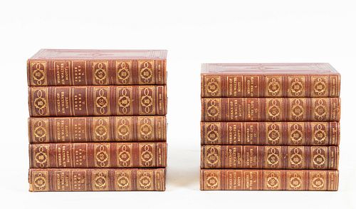 THE WORKS OF SIR WALTER SCOTT, LEATHER-BOUND BOOKS, 19TH C, 10 PCS, H 6.5", D 4.25" 