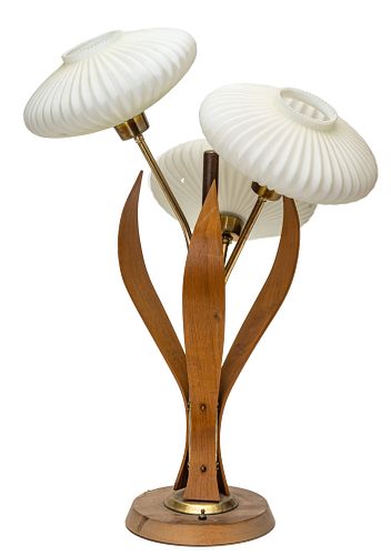 MID CENTURY MODERN TEAKWOOD & MILK GLASS LAMP, C. 1960, H 33", W 24"
