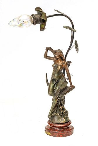 ART NOUVEAU STYLE BRONZE PATINATED METAL LAMP, H 19", L 10", "LA NUIT" 