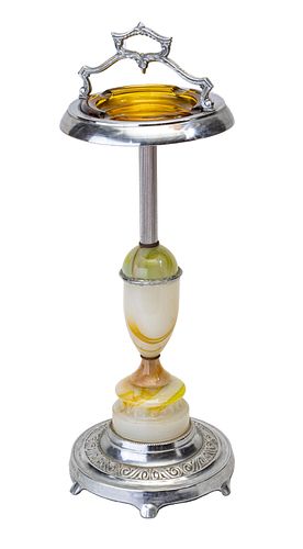 ART DECO STYLE CHROMED METAL & GLASS ASH STAND, H 29", DIA 10.25"