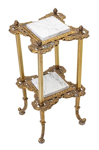 BRASS & MARBLE TOP TWO-TIERED PEDESTAL, C. 1930, H 27", W 13" 