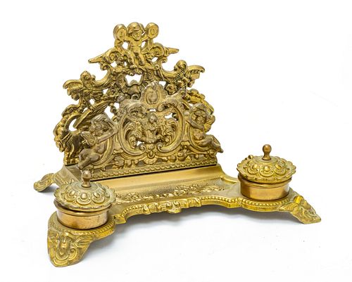 BRASS OVER IRON INKSTAND AND LETTER HOLDER C 1940 H 7" W 11" 