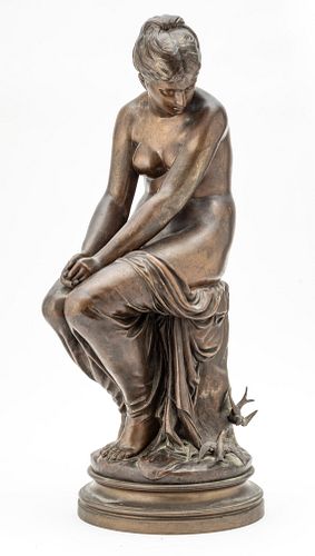 AUGUST JOSEPH PEIFFER (FRENCH, 1832-1886) BRONZE SEATED NUDE, H 30", L 14", "LES HIRONDELLES" 