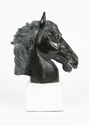 BLACK MARBLE SCULPTURE, H 12" W 8" HORSE HEAD 