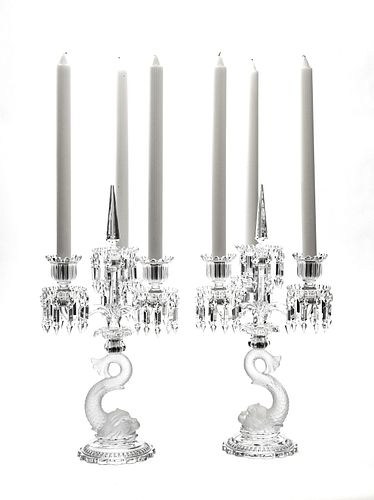 BACCARAT DOLPHIN FORM FROSTED CRYSTAL CANDELABRAS, PAIR, H 24", DIA 12"