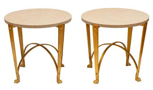 REGENCY STYLE BRONZE BASE, MARBLE TOP PAIR TABLES H 25" DIA 26" 