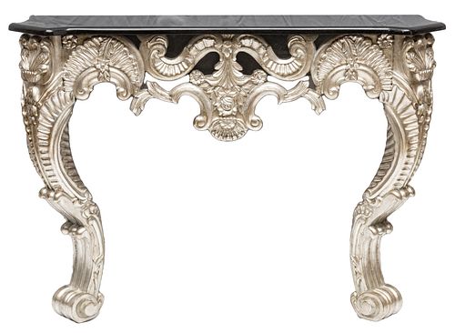 BAROQUE SILVERED PATINA CONSOLE TABLE, MARBLE TOP H 36" L 48" D 12" 