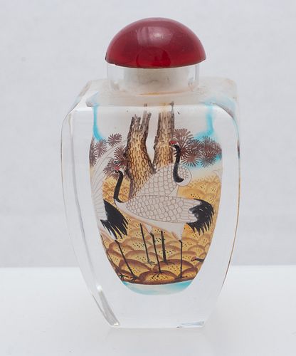 ASIAN HAND PAINTED CRYSTAL SNUFF BOTTLE, H 3.25" W 1.75" L 1.75" 
