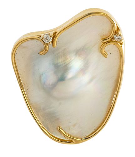 14KT DIAMOND AND  PEARL, BROOCH C 1960 H 1 1/2"" 