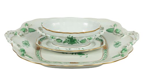 HEREND CHINESE BOUQUET , GREEN, PORCELAIN CAKE PLATE, SMALL TUREEN AND TRAY 3 PCS W 10", 5" 
