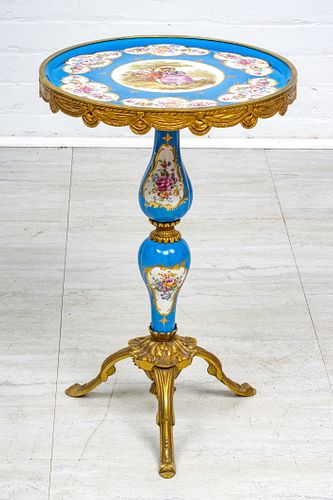FRENCH STYLE PORCELAIN TABLE, BRONZE MOUNTS H 22" DIA 15" 