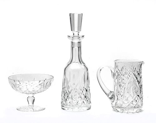 WATERFORD CRYSTAL DECANTER, PITCHER AND COMPOTE 3 PIECES H 13", 7", 4" 