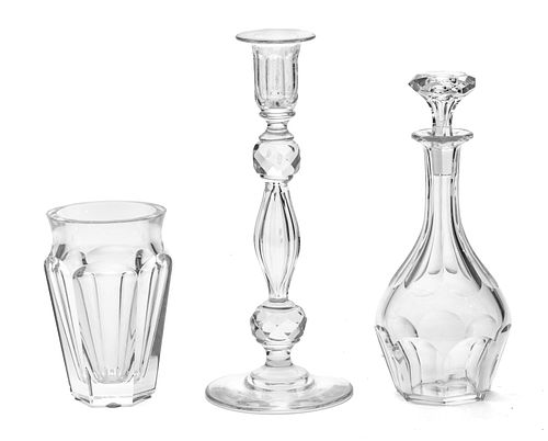 BACCARAT CRYSTAL DECANTER, VASE AND CANDLESTICK, 3 PCS. H 9", 10", 5" 